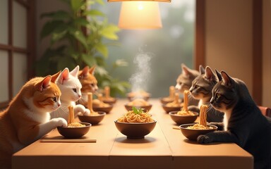 Cats eating ramen at a long table, enjoying a meal together, generative ai. High quality