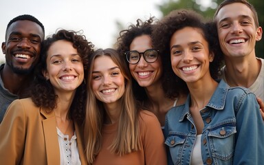 Happy group of multiracial young friends, diverse people smiling at camera outside, international community and joyful people. High quality