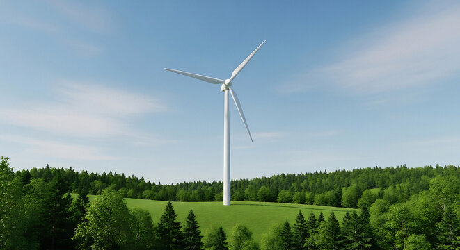 Majestic wind turbine standing tall against a vibrant blue sky, embodying clean energy and sustainability nestled in a peaceful green landscape - Powered by Adobe
