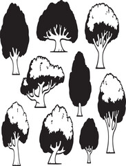 Obraz premium Set of nine vector tree silhouettes for landscape and nature themed projects on black background