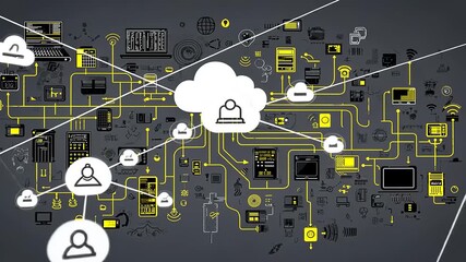 Abstract illustration of cloud computing with interconnected devices and data flow in a digital environment - Powered by Adobe