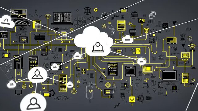 Abstract illustration of cloud computing with interconnected devices and data flow in a digital environment