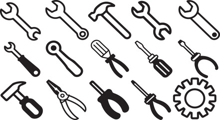 Naklejka premium Set of 15 various tool vector icons including wrenches, hammers, screwdrivers, and pliers for repair.