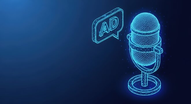 Glowing digital microphone and advertising icon symbolizing podcast promotion and audio broadcasting - Powered by Adobe