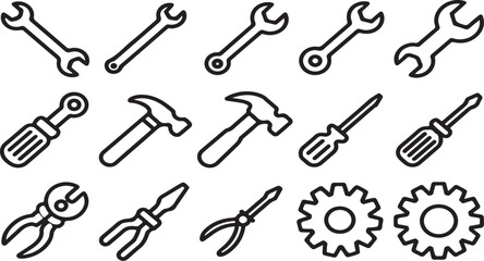 Naklejka premium Set of 15 outline vector tools icons featuring wrenches hammers screwdrivers pliers and gears for repair and maintenance services