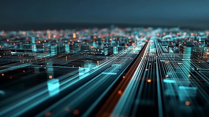 Futuristic cityscape with glowing lines and data streams, showcasing technology and innovation - Powered by Adobe