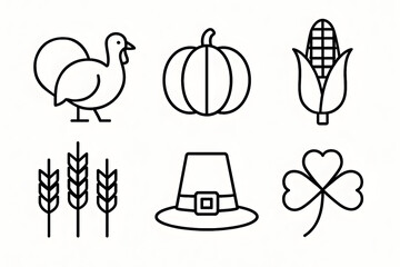 Fototapeta premium Thanksgiving Icon Set: A collection of simple, stylized icons symbolizing the spirit of Thanksgiving, including a turkey, pumpkin, corn, wheat, pilgrim hat, and shamrock.