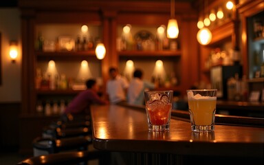 Cozy Bar Atmosphere: Warm lighting illuminates an inviting bar counter, setting a relaxed and sophisticated mood. Perfect for showcasing drinks, food, or social gatherings. High quality