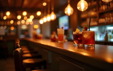 Cozy Bar Atmosphere: Warm lighting illuminates an inviting bar counter, setting a relaxed and sophisticated mood. Perfect for showcasing drinks, food, or social gatherings. High quality