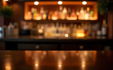 Cozy Bar Atmosphere: Warm lighting illuminates an inviting bar counter, setting a relaxed and sophisticated mood. Perfect for showcasing drinks, food, or social gatherings. High quality