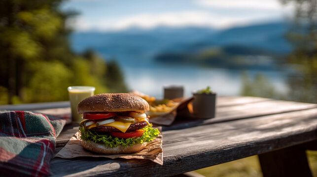 Juicy gourmet burger and golden fries served on a rustic wooden picnic table with a serene lake and forest backdrop - Powered by Adobe