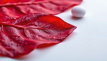 A close up of a red maple leaf resting on a surface, with water droplets captured in the air around it, creating an atmospheric effect that suggests freshness.