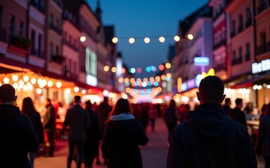 City night market festival scene with people silhouettes vibrant lights urban setting colorful background street stalls social gathering. High quality