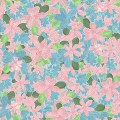 Seamless pattern with watercolor light blue and pink flowers.