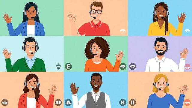 Diverse group of people on a video call greeting - Powered by Adobe