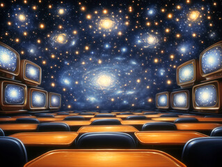 Empty classroom with desks facing a starry cosmic television wall