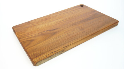 Rectangular teak wood chopping board with natural wood motif, 20mm thick, safe for use with cooking utensils, isolated on white background