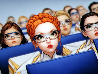 Students in safety goggles holding blue folders in a classroom