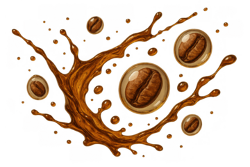 Coffee splash with flying beans and liquid drops on transparent background, energizing drink concept