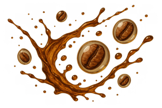Coffee splash with flying beans and liquid drops on transparent background, energizing drink concept