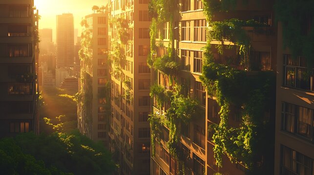 Lush green vegetation covers modern city buildings bathed in golden light, illustrating sustainable urban design, eco-friendly architecture, and a harmonious future cityscape - Powered by Adobe
