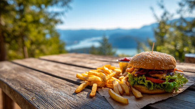 Delicious gourmet burger and crispy golden french fries served on a rustic wooden table with a scenic mountain river landscape background