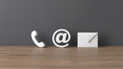 3D rendering of white contact icons including phone, email and envelope on a wooden desk, Customer support and communication concept