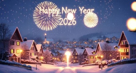 Happy new year 2026 snow village vibe with fireworks - Powered by Adobe