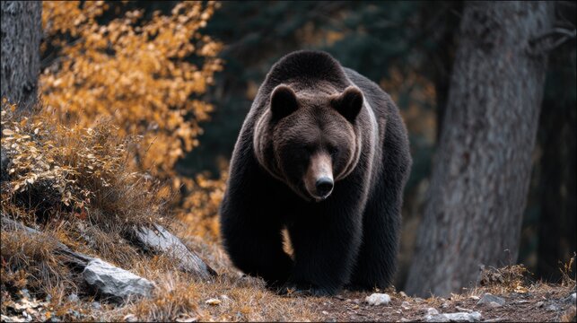 Majestic Grizzly Bear Walking Through Autumn Forest Scene - Powered by Adobe