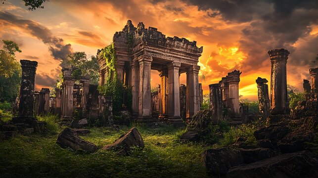 Majestic ancient temple ruins, overgrown with lush vegetation, stand silhouetted against a vibrant, dramatic sunset sky, ideal for travel, history, or fantasy