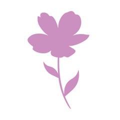 Simple pink flower blossom with stem and leaves flat style