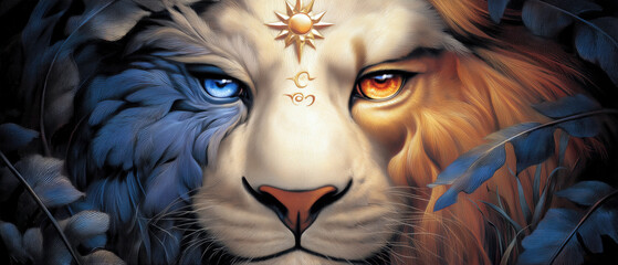 Dual-toned mystical lion illustration with blue and amber eyes
