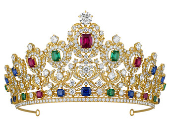Ornate Golden Tiara Adorned with Sparkling Diamonds Emeralds Rubies and Sapphires on a Black Background Representing Royalty Wealth and Luxury