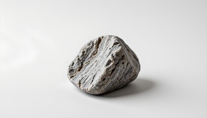 A single rock against a plain white background, exhibiting rough textures with variations in shades of gray and black.