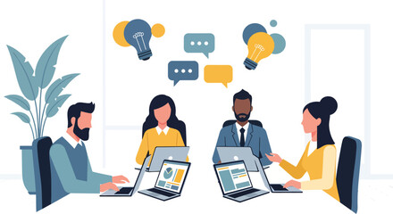 Diverse team collaborating on laptops in modern office brainstorming ideas and solutions for business growth with positive and collaborative atmosphere.