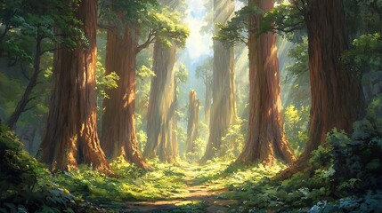 majestic ancient redwood forest with a sunlit path, towering trees, and lush green foliage, rendered in a beautiful painterly style. Ideal for nature, fantasy, and serene escape