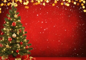 Decorated christmas tree, presents, red bokeh background.
