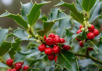 Vivid red holly berries and green prickly leaves on a branch