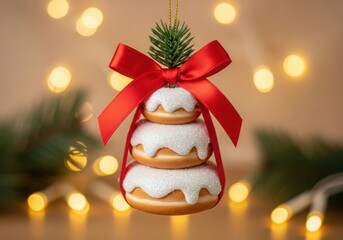 Festive stack of glittery donut ornaments with red bow