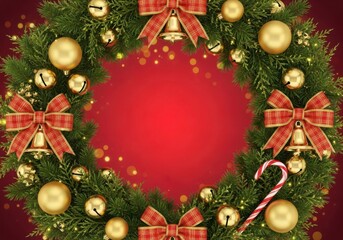 Elegant christmas wreath with golden balls and red bows