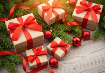 Christmas gifts, red ribbons, pine branches and ornaments