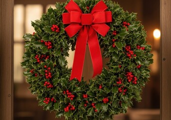 Holiday holly wreath with red bow and berries on a door