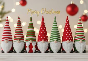 Christmas gnomes with red and green hats and bokeh lights