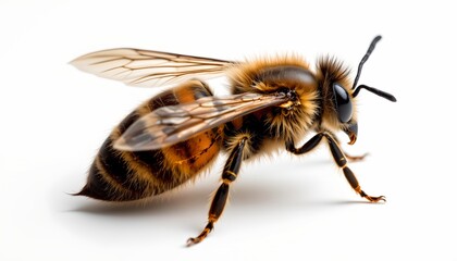 A bee with striped patterns walking on a white surface.