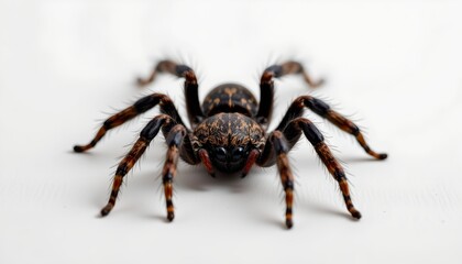 Fototapeta premium A realistic looking artificial spider sitting on a white surface. The spider has a body with orange stripes and black legs, which are extended outward in all directions