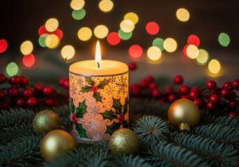 Festive holiday candle with evergreen branches and bokeh lights