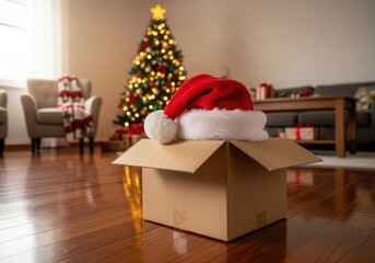 Santa hat on moving box, festive christmas tree background