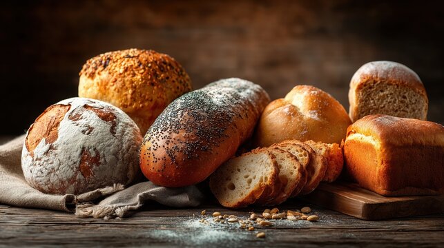 Selection of fresh homemade bread loaves with seeds and flour dusting arranged on a rustic dark wooden table background