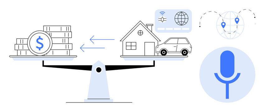 Scales balancing money with home and car as digital elements thumbs up GPS, internet, and voice command suggest connectivity. Ideal for finance, technology, real estate, decision-making