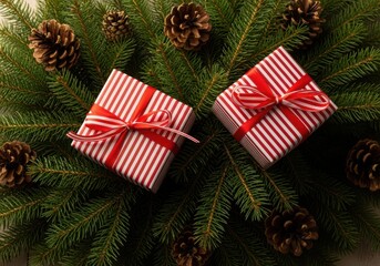 Festive christmas gift boxes on green fir tree branches